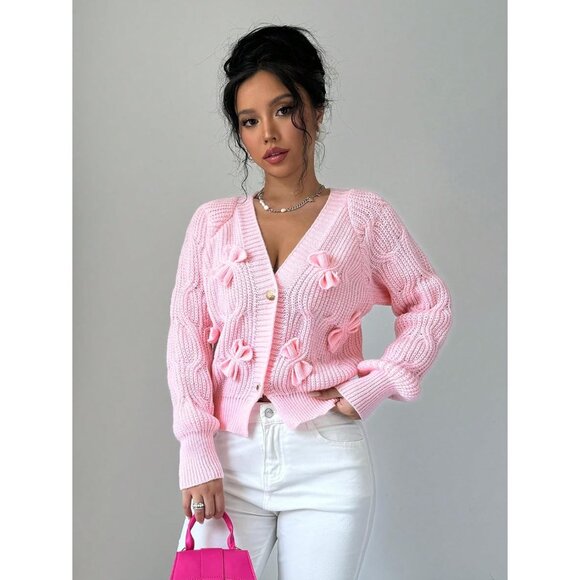 Women's Cropped Knit Cardigan Pink Large Button Open Front Cozy Sweater - Picture 4 of 8